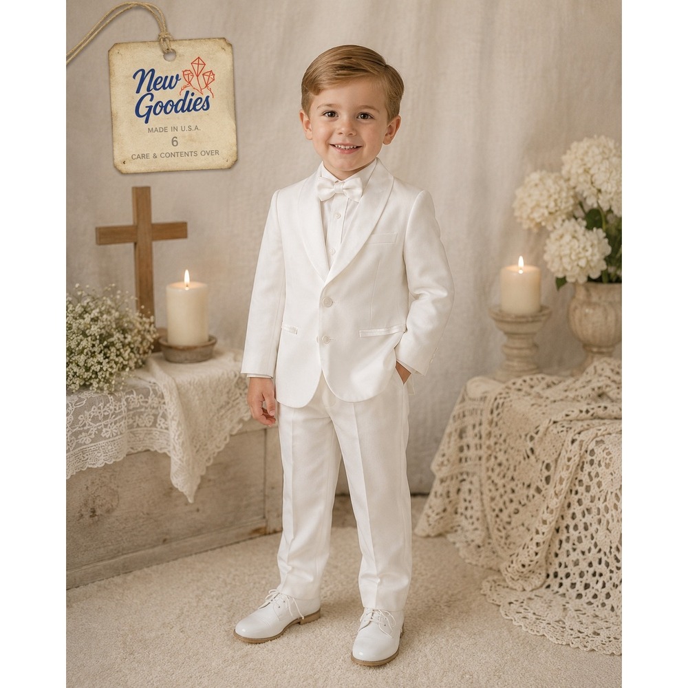 Vintage Boys White 4 Piece Tuxedo Suit Set Size 6 Ruffle Shirt Bow‎ Tie Wedding